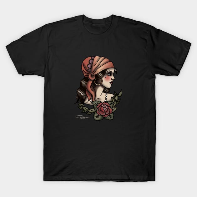 Retro Gypsy Tattoo Art T-Shirt by PopArtCult